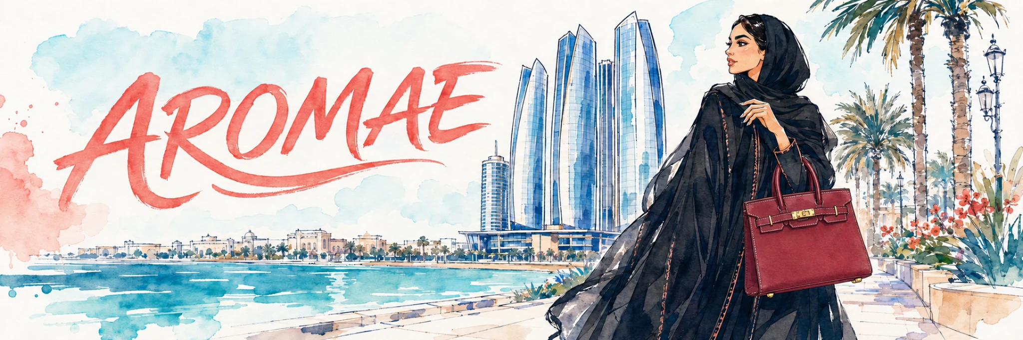 Aromae watercolor banner featuring Abu Dhabi, Etihad Towers and an Emirati woman